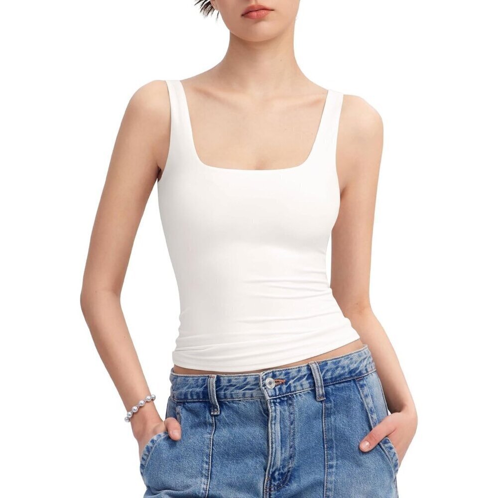 Alljoin Women White Double Lined Square Neck Sleeveless Tank Top For Workout Gym